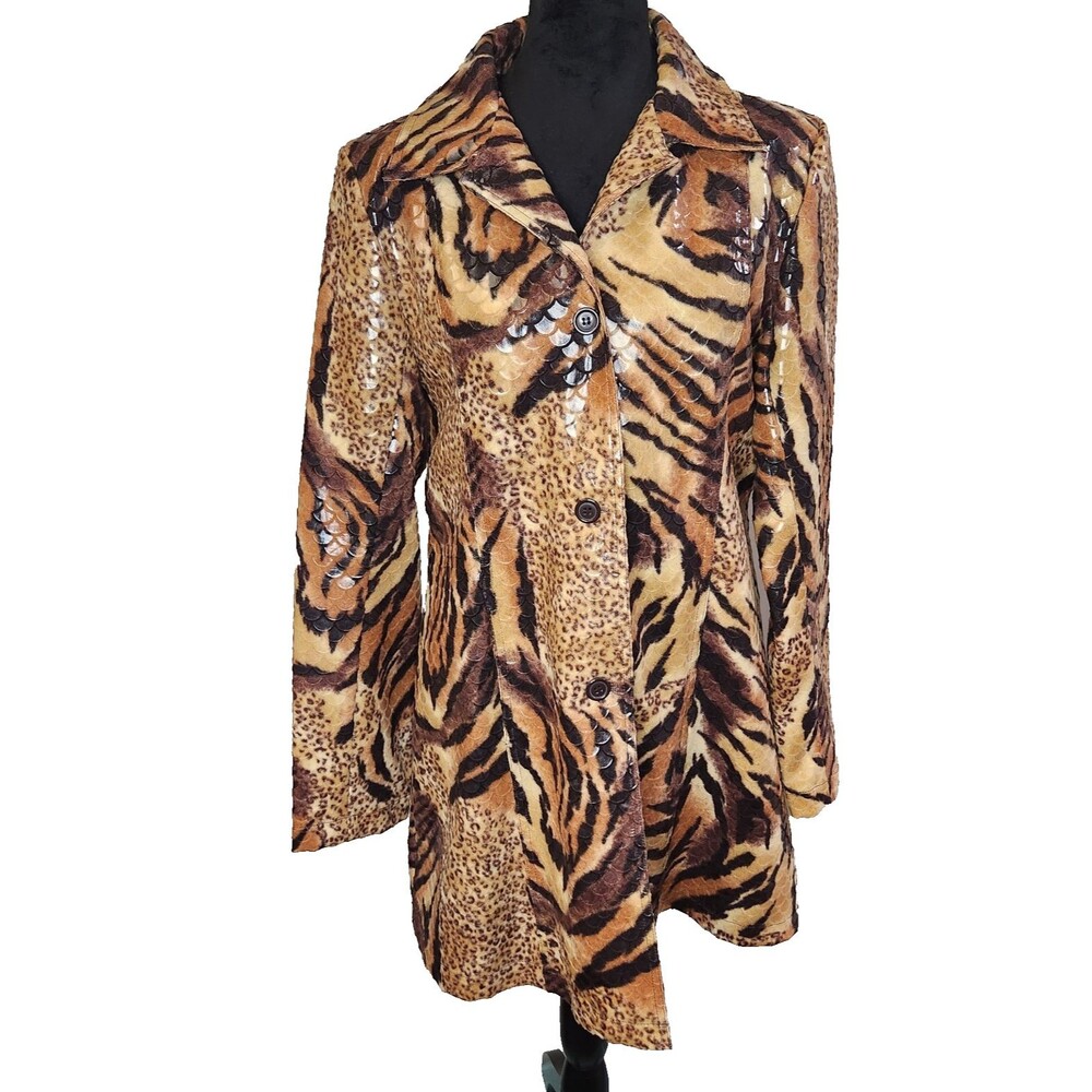 Selene Sport Jacket Women's L Tiger Print Snakeskin Textured Trench Overcoat Y2K